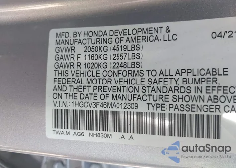 2021 Honda Accord Hybrid Ex z USA, uszkodzony, nr VIN 1HGCV3F46MA012309